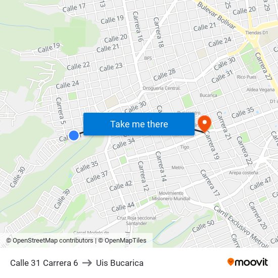 Calle 31 Carrera 6 to Uis Bucarica map