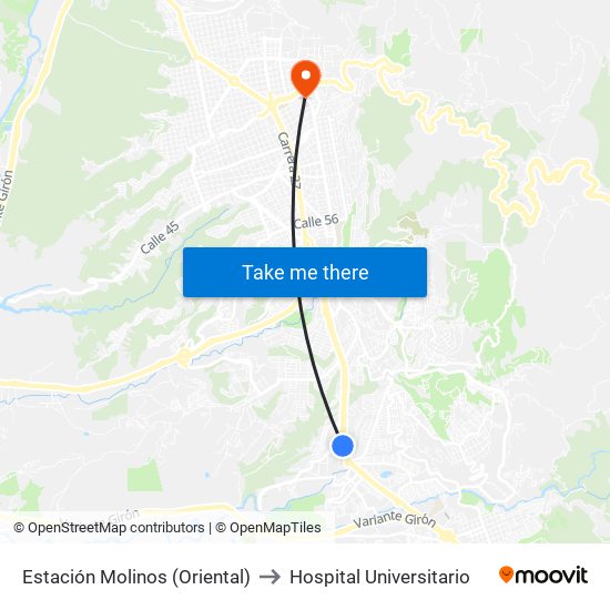 Estación Molinos (Oriental) to Hospital Universitario map