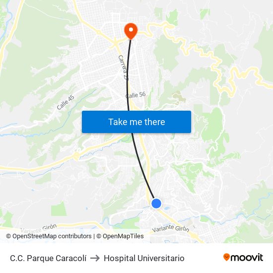 C.C. Parque Caracolí to Hospital Universitario map