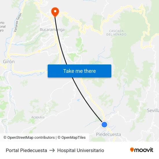 Portal Piedecuesta to Hospital Universitario map