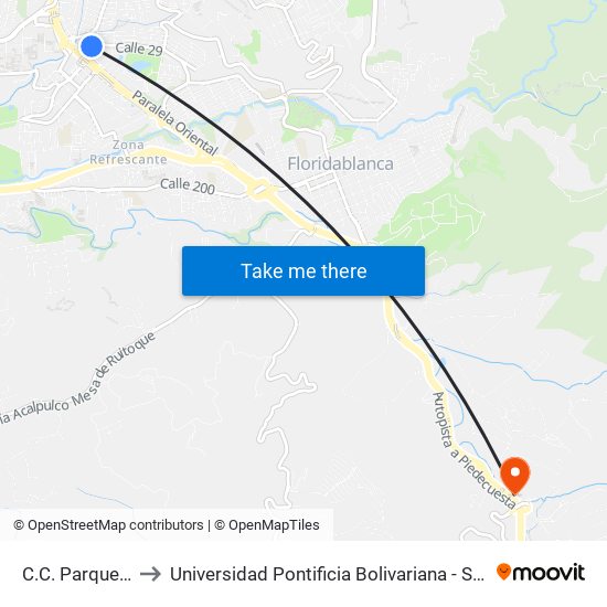 C.C. Parque Caracolí to Universidad Pontificia Bolivariana - Seccional Bucaramanga map