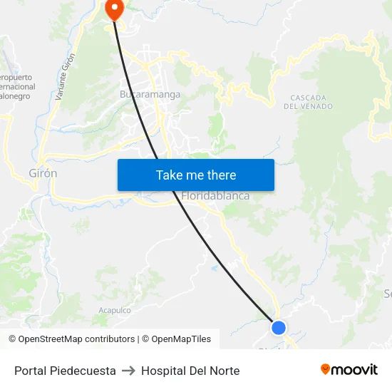Portal Piedecuesta to Hospital Del Norte map