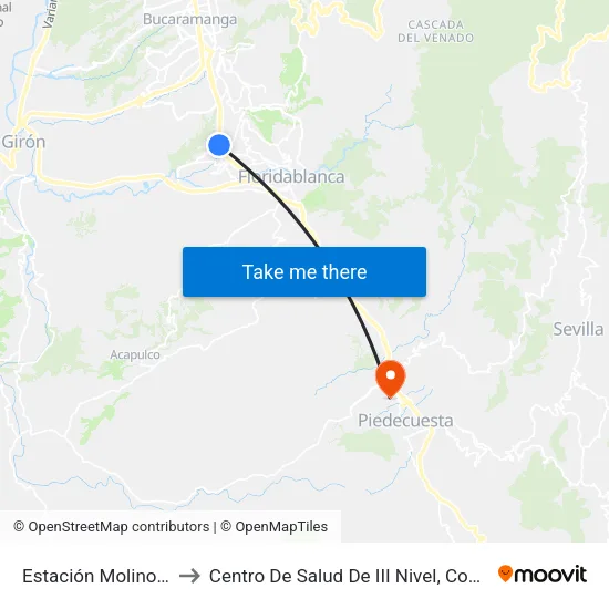Estación Molinos (Oriental) to Centro De Salud De III Nivel, Comuna De Guatiguará map