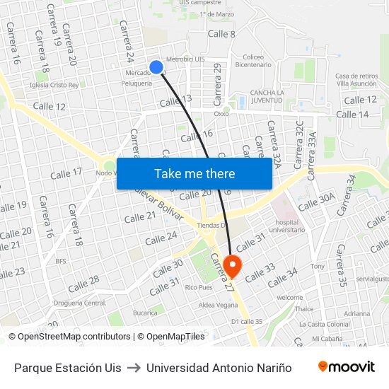 Parque Estación Uis to Universidad Antonio Nariño map