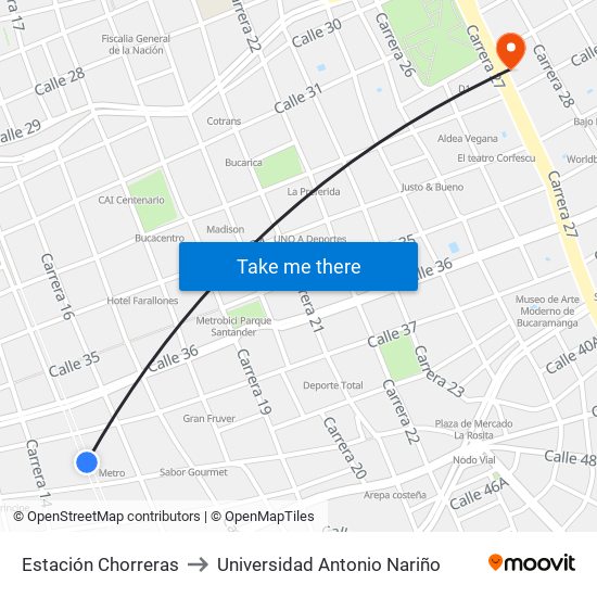 Estación Chorreras to Universidad Antonio Nariño map