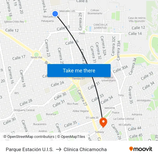 Parque Estación U.I.S. to Clínica Chicamocha map