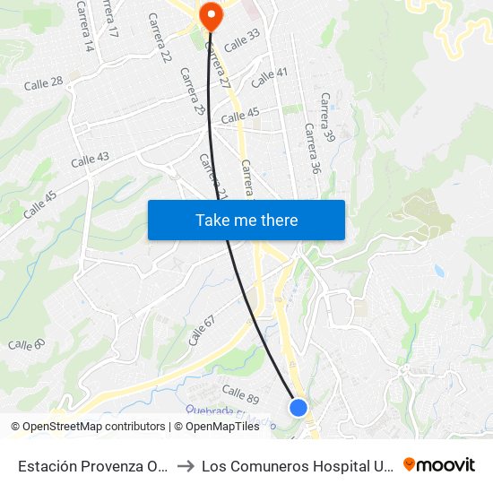 Estación Provenza Occidental to Los Comuneros Hospital Universitario map