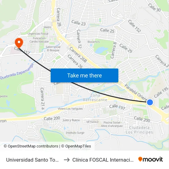 Universidad Santo Tomás - Sede Floridablanca (Autopista - Cl 195) to Clínica FOSCAL Internacional map