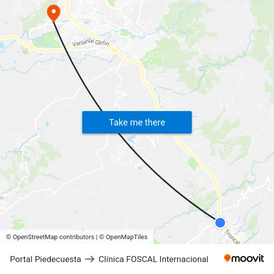 Portal Piedecuesta to Clínica FOSCAL Internacional map