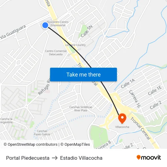 Portal Piedecuesta to Estadio Villacocha map