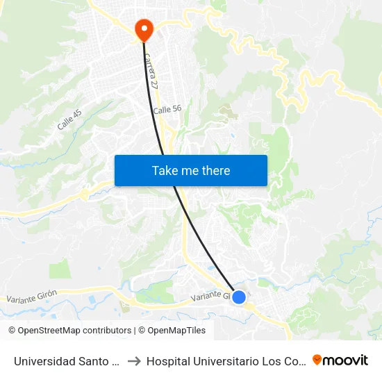 Universidad Santo Tomás - Sede Floridablanca (Autopista - Cl 195) to Hospital Universitario Los Comuneros map