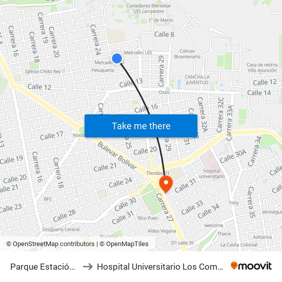 Parque Estación Uis to Hospital Universitario Los Comuneros map