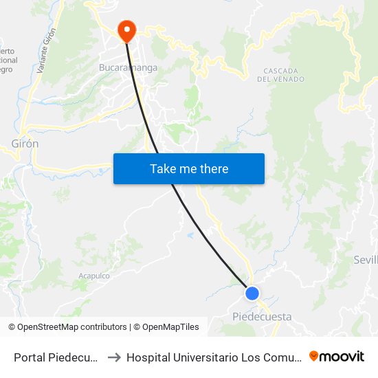 Portal Piedecuesta to Hospital Universitario Los Comuneros map