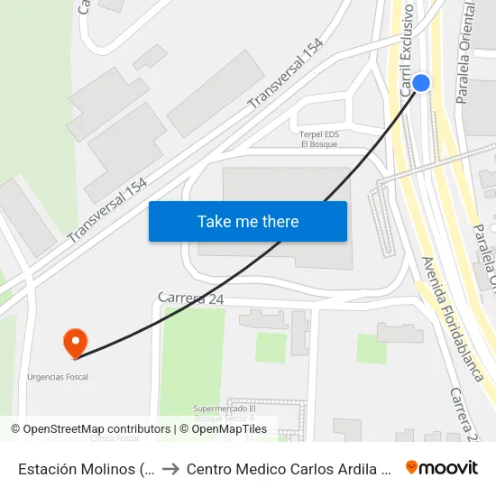 Estación Molinos (Oriental) to Centro Medico Carlos Ardila Lulle FOSCAL map
