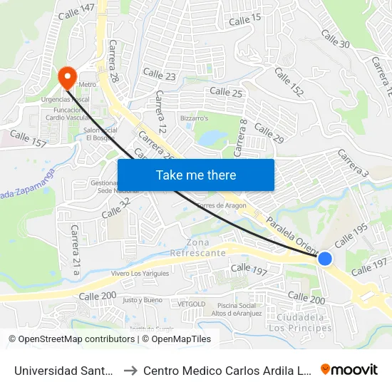 Universidad Santo Tomás - Sede Floridablanca (Autopista - Cl 195) to Centro Medico Carlos Ardila Lulle FOSCAL map