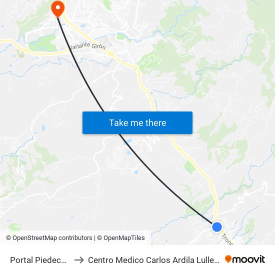 Portal Piedecuesta to Centro Medico Carlos Ardila Lulle FOSCAL map