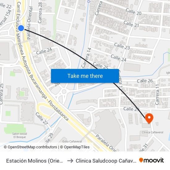 Estación Molinos (Oriental) to Clinica Saludcoop Cañaveral map