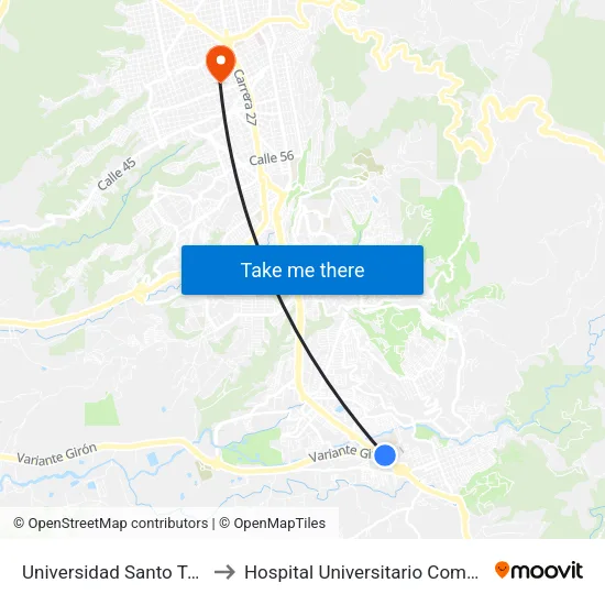 Universidad Santo Tomás - Sede Floridablanca (Autopista - Cl 195) to Hospital Universitario Comuneros map