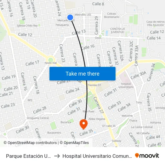Parque Estación U.I.S. to Hospital Universitario Comuneros map