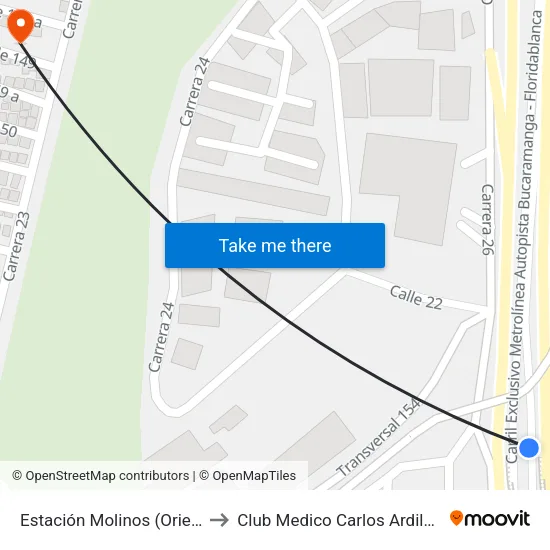 Estación Molinos (Oriental) to Club Medico Carlos Ardila lülle map
