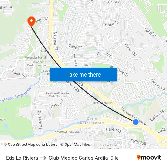 Intercambiador Reina De Paz (Autopista - Anillo Vial) to Club Medico Carlos Ardila lülle map