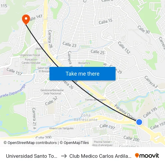 Universidad Santo Tomás - Sede Floridablanca (Autopista - Cl 195) to Club Medico Carlos Ardila lülle map