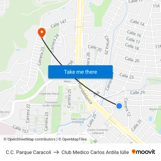 C.C. Parque Caracolí to Club Medico Carlos Ardila lülle map