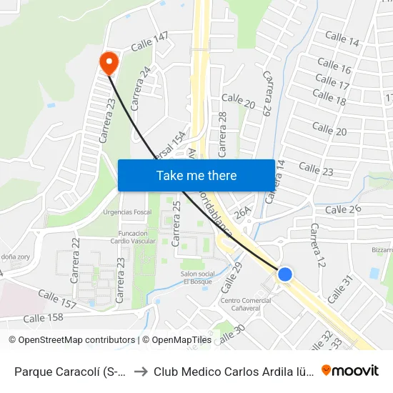 Centro Comercial Parque Caracolí (Autopista - Cl 30) to Club Medico Carlos Ardila lülle map