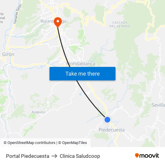 Portal Piedecuesta to Clinica Saludcoop map