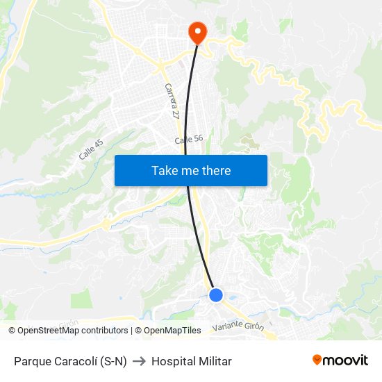 Parque Caracolí (S-N) to Hospital Militar map