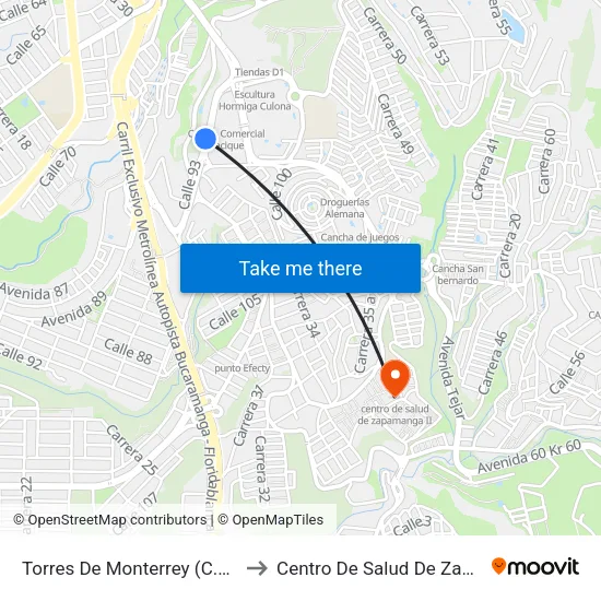 Centro Comercial Cacique (Tv 93 - Kr 33) to Centro De Salud De Zapamanga II map