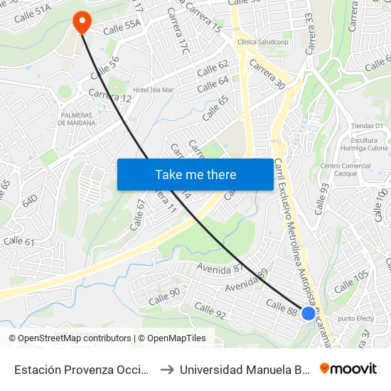 Estación Provenza Occidental to Universidad Manuela Beltrán map