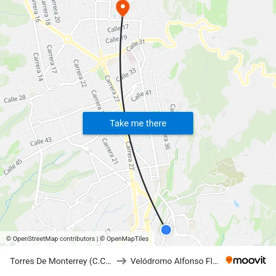 Centro Comercial Cacique (Tv 93 - Kr 33) to Velódromo Alfonso Florez Ortíz map