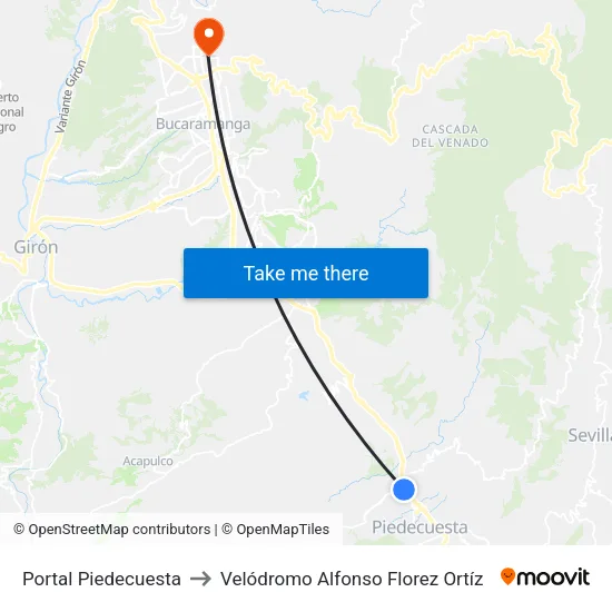 Portal Piedecuesta to Velódromo Alfonso Florez Ortíz map