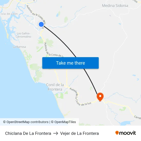 Chiclana De La Frontera to Vejer de La Frontera map