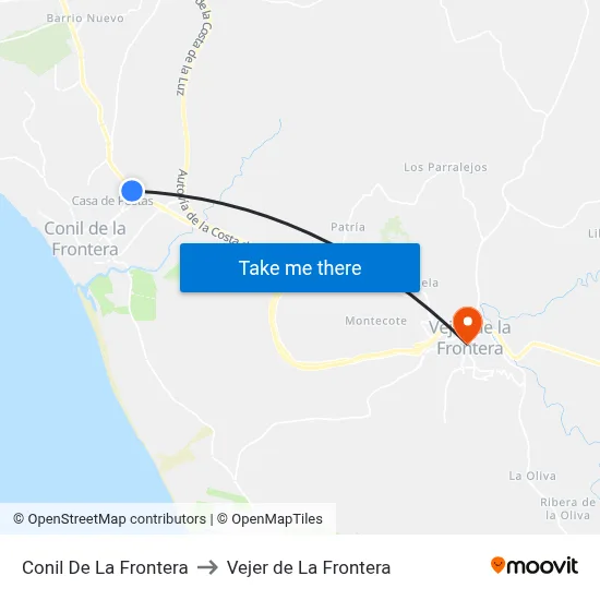 Conil De La Frontera to Vejer de La Frontera map