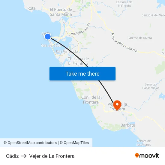 Cádiz to Vejer de La Frontera map