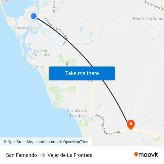 San Fernando to Vejer de La Frontera map