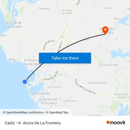 Cádiz to Arcos De La Frontera map