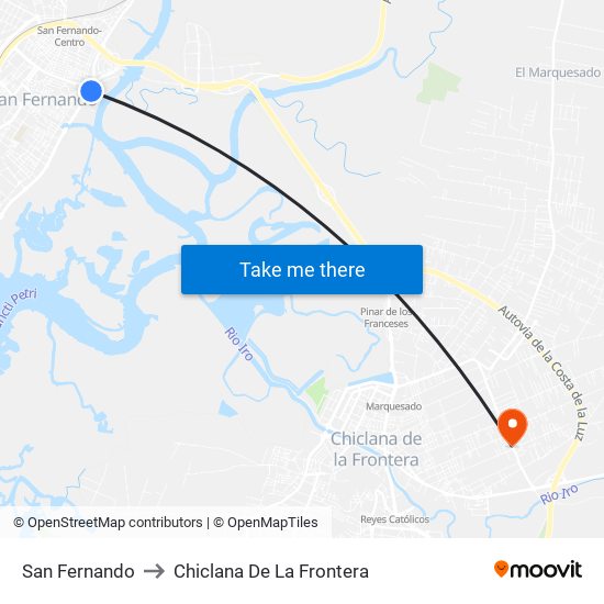 San Fernando to Chiclana De La Frontera map