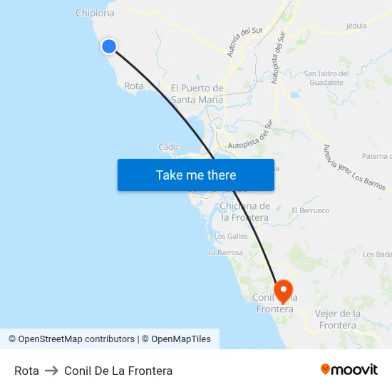 Rota to Conil De La Frontera map