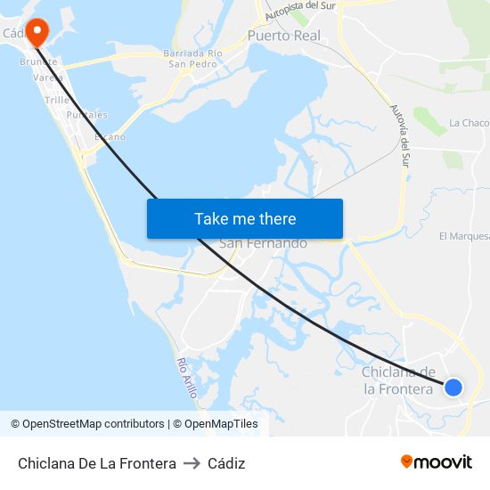 Chiclana De La Frontera to Cádiz map