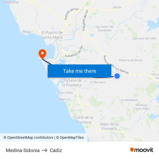 Medina-Sidonia to Cádiz map