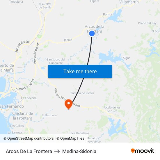 Arcos De La Frontera to Medina-Sidonia map