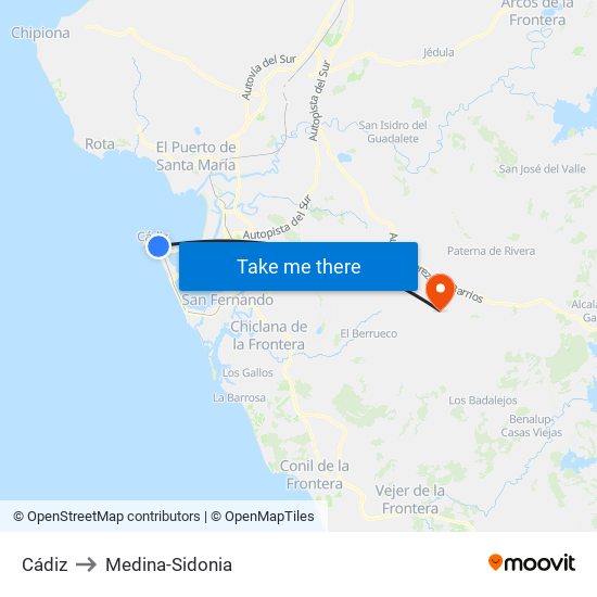 Cádiz to Medina-Sidonia map