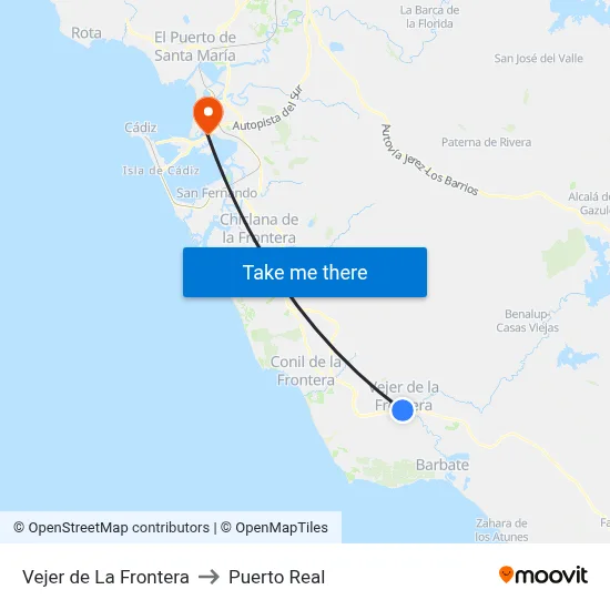 Vejer de La Frontera to Puerto Real map