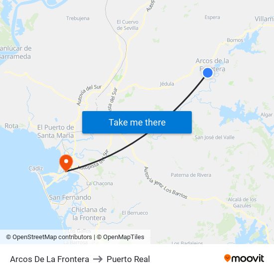 Arcos De La Frontera to Puerto Real map