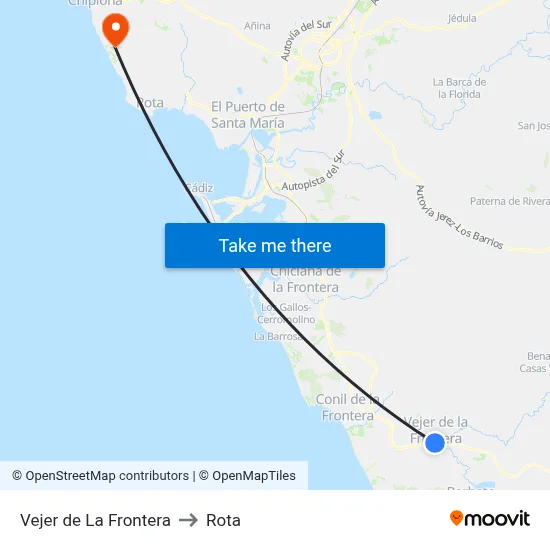 Vejer de La Frontera to Rota map