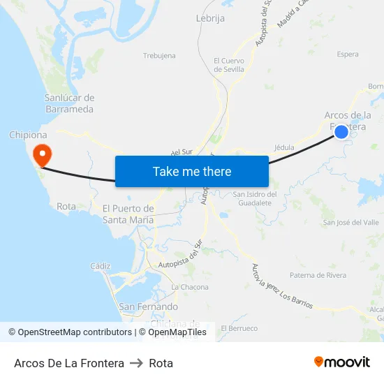 Arcos De La Frontera to Rota map