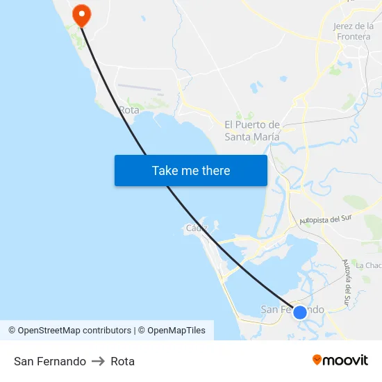San Fernando to Rota map